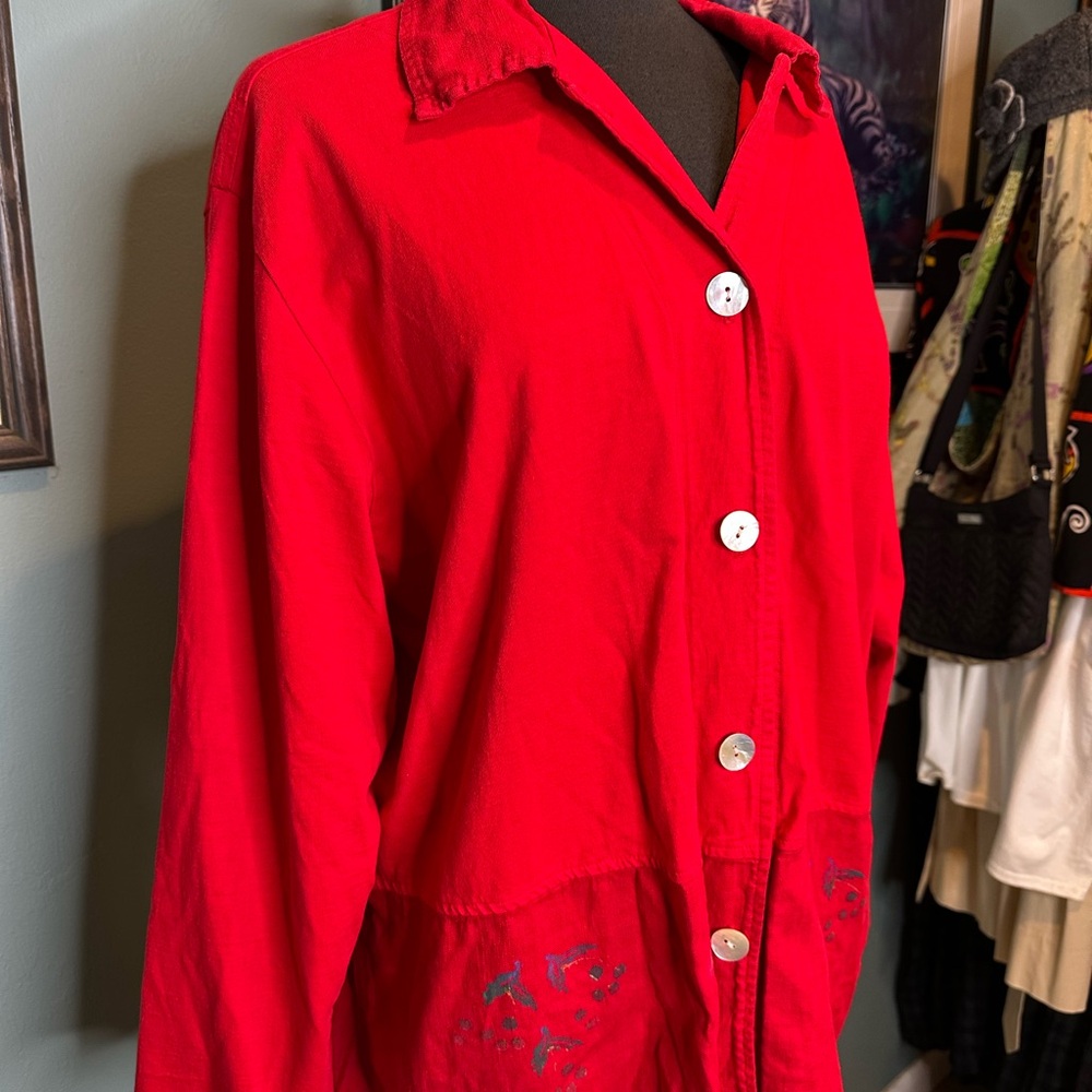 Cactus Red Button-Up Blouse Leaves Design Western Aztec